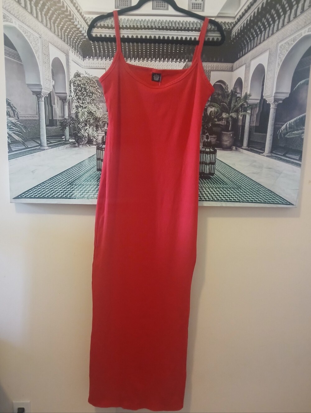Everyday Red Maxi Ribbef Slip Dress with Thin Straps